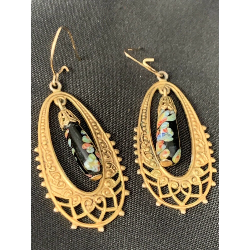 Vintage Millefiori Glass Drop Dangle Earrings - Picture 3 of 6